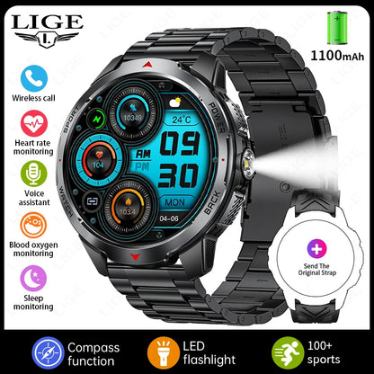 LIGE 2025 1100mAh Super Capacity Battery Adult Men Smart Watch Compass 1.7-inch Bluetooth Call 3ATM Waterproof Sports Smartwatch