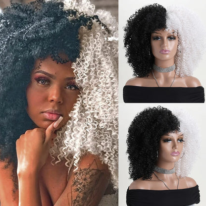16 Inch Afro Kinky Curly Synthetic Hair Gradient Purple Wigs With Bangs Soft Fluffy Fiber  Wigs For Party Cosplay Daily Use