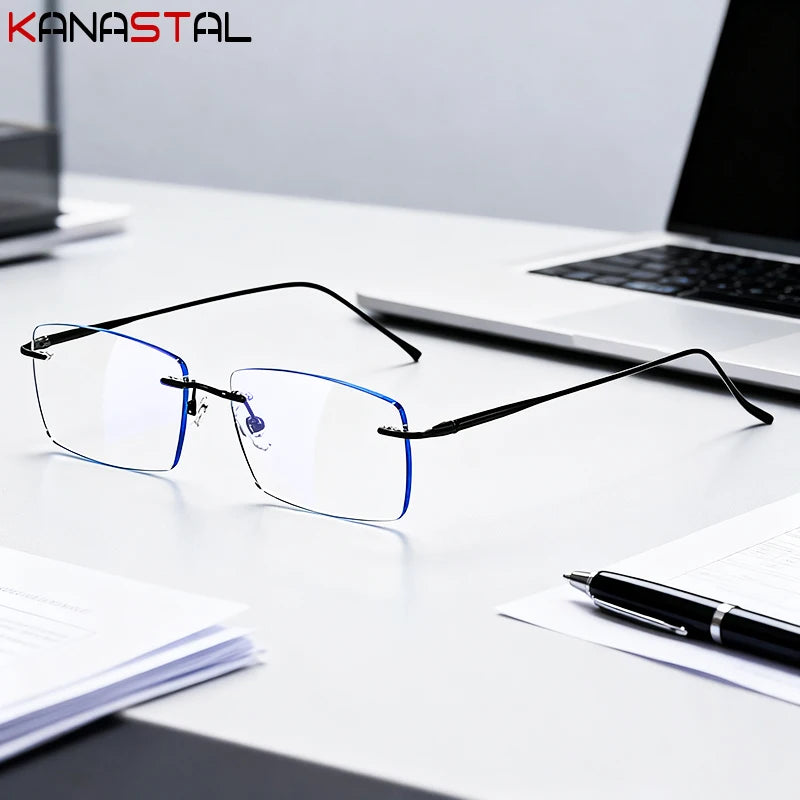 Men Rimless Eyeglasses Frame Blue Light Blocking Lenses Women Computer Pure Titanium Glasses Prescription Myopia Reading Eyewear