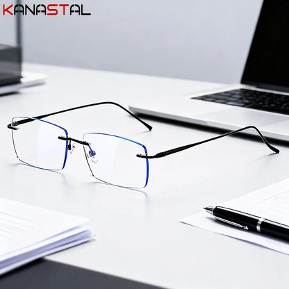 Men Rimless Eyeglasses Frame Blue Light Blocking Lenses Women Computer Pure Titanium Glasses Prescription Myopia Reading Eyewear