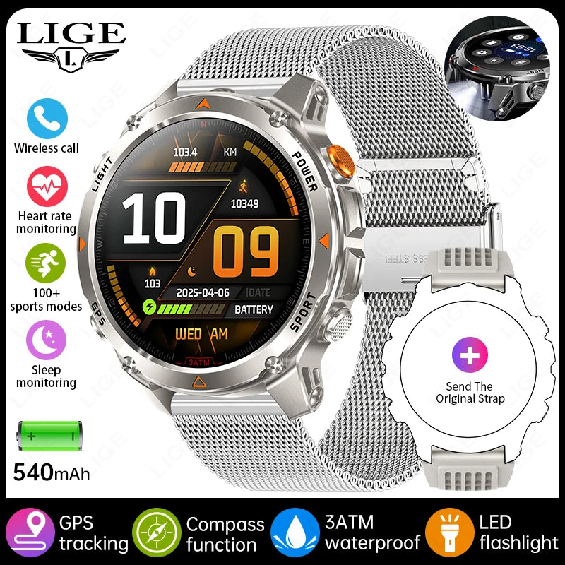 LIGE Outdoor Military Smart Watch Men 1.46" HD Screen Built-in GPS Compass Altimeter 3ATM Waterproof Clock BT Call SmartWatches
