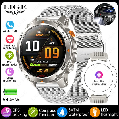 LIGE Outdoor Military Smart Watch Men 1.46" HD Screen Built-in GPS Compass Altimeter 3ATM Waterproof Clock BT Call SmartWatches