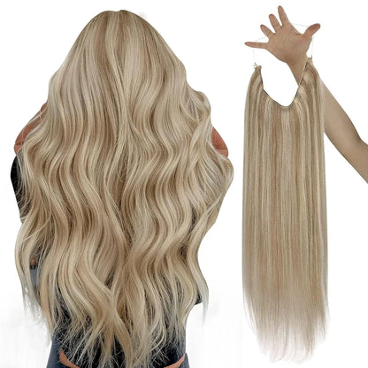 VeSunny Fish Line Human Hair Extension Wire Natural Hair OnePiece Invisible Wire Hair Weft with 2 Clips Machine Made Blonde Hair