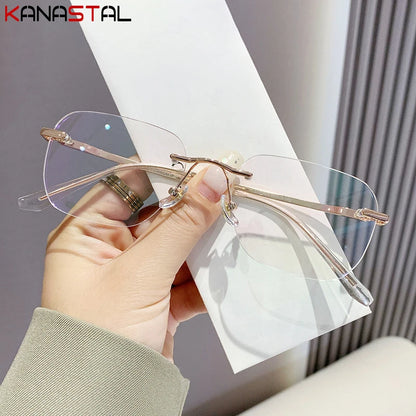 Men Titanium Rimless Eyeglasses Frame Blue Light Blocking Lenses Women Anti Fatigue Glasses Prescription Myopia Reading Eyewear