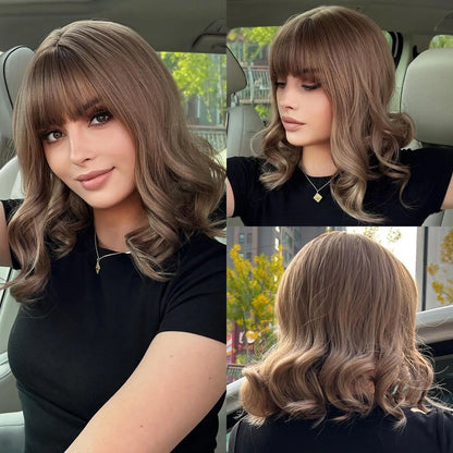 12 Inch Brown Bob Natural Wig Synthetic Cute Hair Short Wavy Curly Wig With Bangs For Women Daily Party Use Heat Resistant Fiber