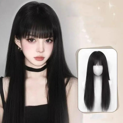 28in Long Black Straight Wig with Air Bangs for Women Heat Resistant Fashion Elegant Synthetic Wig for Cosplay and Daily Party