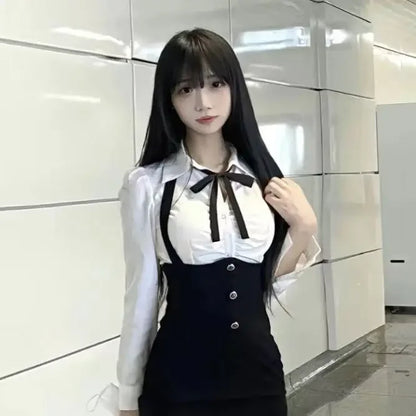 American Style Women's Spring Summer New 2023 Pleated Shirt Collar Tie Backless Hip Package Dress 2-piece Set China Origin