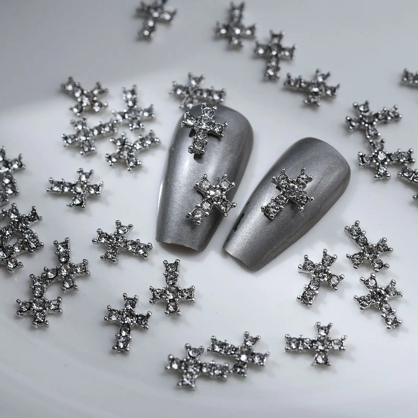 10Pcs Dark Series Cross Nail Charm Luxury Retro Silver Bottom Rhinestone Nail Art Decoration 3D Punk Cross Manicure DIY Supplies