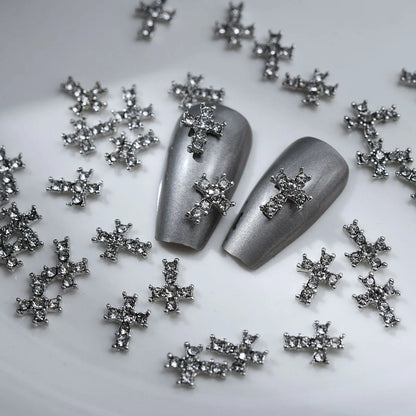 10Pcs Dark Series Cross Nail Charm Luxury Retro Silver Bottom Rhinestone Nail Art Decoration 3D Punk Cross Manicure DIY Supplies