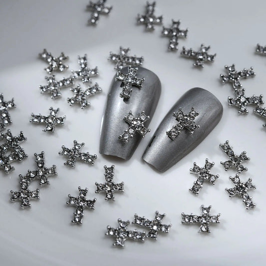 10Pcs Dark Series Cross Nail Charm Luxury Retro Silver Bottom Rhinestone Nail Art Decoration 3D Punk Cross Manicure DIY Supplies