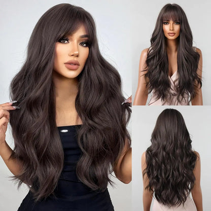 Black women's synthetic wig with big waves and straight bangs for cosplay. Worn daily with high-temperature synthetic hair.
