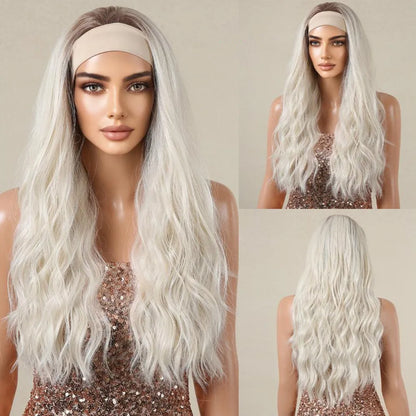 Blonde Synthetic Headband Wigs Long Water Wavy Wig for Women Daily Party Heat Resistant Fiber Natural Looking Realistic Hair