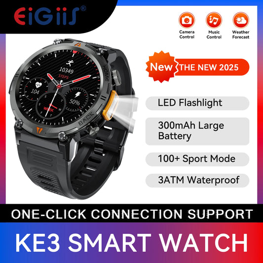 EIGIIS KE3 Bluetooth Call Smart Watch Men Full Touch Screen Health Monitor Clock With Flashlight Men SmartWatch For IOS Android