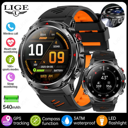 LIGE Outdoor Military Smart Watch Men 1.46" HD Screen Built-in GPS Compass Altimeter 3ATM Waterproof Clock BT Call SmartWatches