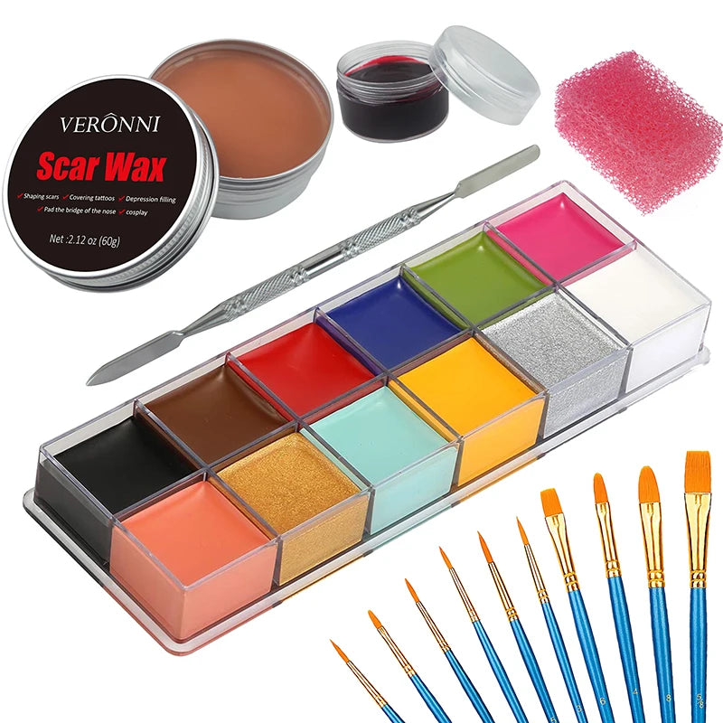12/20 Colors Face Body Painting Fake Blood ,Halloween Professional Special Effects Makeup Kit with Wound Modeling Scar Wax