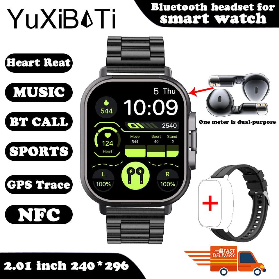 2025 Smart Watch 2 in 1 With Earphone Smartwatch Bluetooth Call NFC Men Watch GPS Track Heart Rate Monitor Play Music SmartWatch