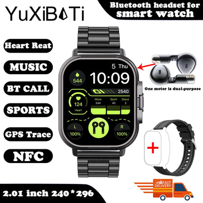 2025 Smart Watch 2 in 1 With Earphone Smartwatch Bluetooth Call NFC Men Watch GPS Track Heart Rate Monitor Play Music SmartWatch