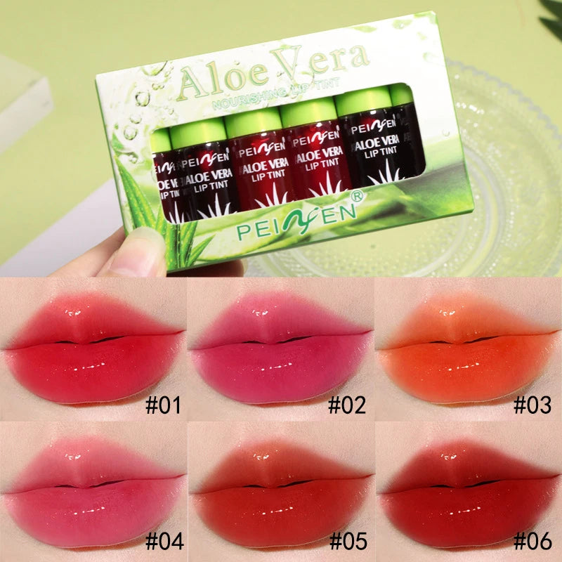 6Pcs Aloe Vera Lip Tinted Set,Hydrating&Moisturizing Lip Glaze Lipstick Makeup,Long-Lasting Lip Oil Lip Balm for Festival Gift