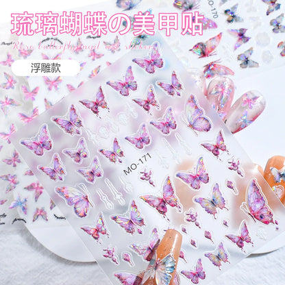 5d Embossed Nail Art Stickers Golden Lines Semi-Transparent Purple Blue Flowers Decals Decorations For Nail Tips Manicures