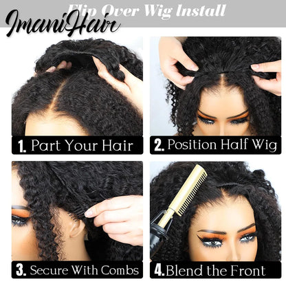 210% Half Wigs Human Hair Kinky Curly Headband Wig Upgrade 3 IN 1 Half Wig With Drawstring Seamless Clip Ins Flip Over Wig