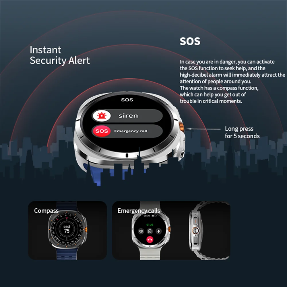 SOS Watch 7 Ultra GPS Compass Smart Watches Outdoor Sports BT Call Smartwatch Men Women IP68 Waterproof 3D Menu Health Monitor