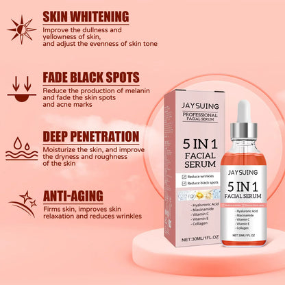 JAYSUING 5 in 1 Facial Serum Hyaluronic Acid Vitamin C Shrink Pores Hydrating Brightening Fade Fine Lines Firming Facial Serum