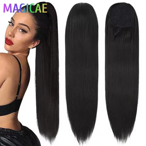 Straight Black Ponytail Blond 27/613 Hair Extensions With Clip Brown 28Inches Ombre Piano Color Heat Resistant Synthetic Hair