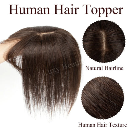 Natural Brown Human Hair Topper With Bangs Women 8X12cm Black Highlights Blonde Skin Scalp Clip in Topper Hair Pieces Human Hair