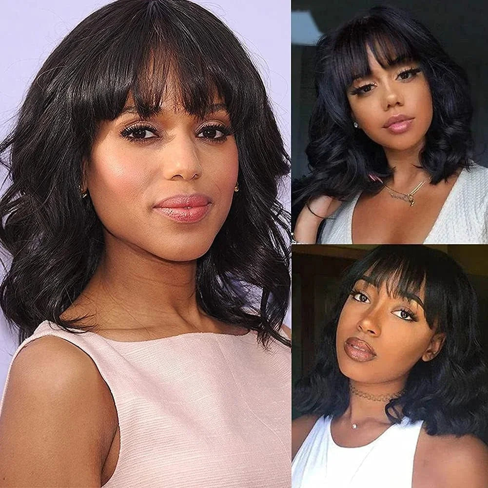Natural Wavy Human Hair Wigs with Bangs Loose Wave Curly Wigs for Women None Lace Front Wigs Brazilian Remy Human Hair for Daily