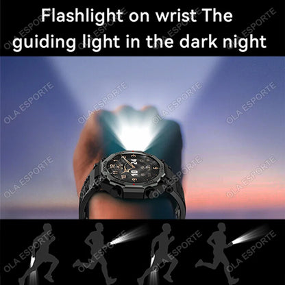New Outdoor LED Flashlight Smart Watch Men 2025 Bluetooth Call Heart Rate Monitoring Military Sports SmartWatch For Android IOS
