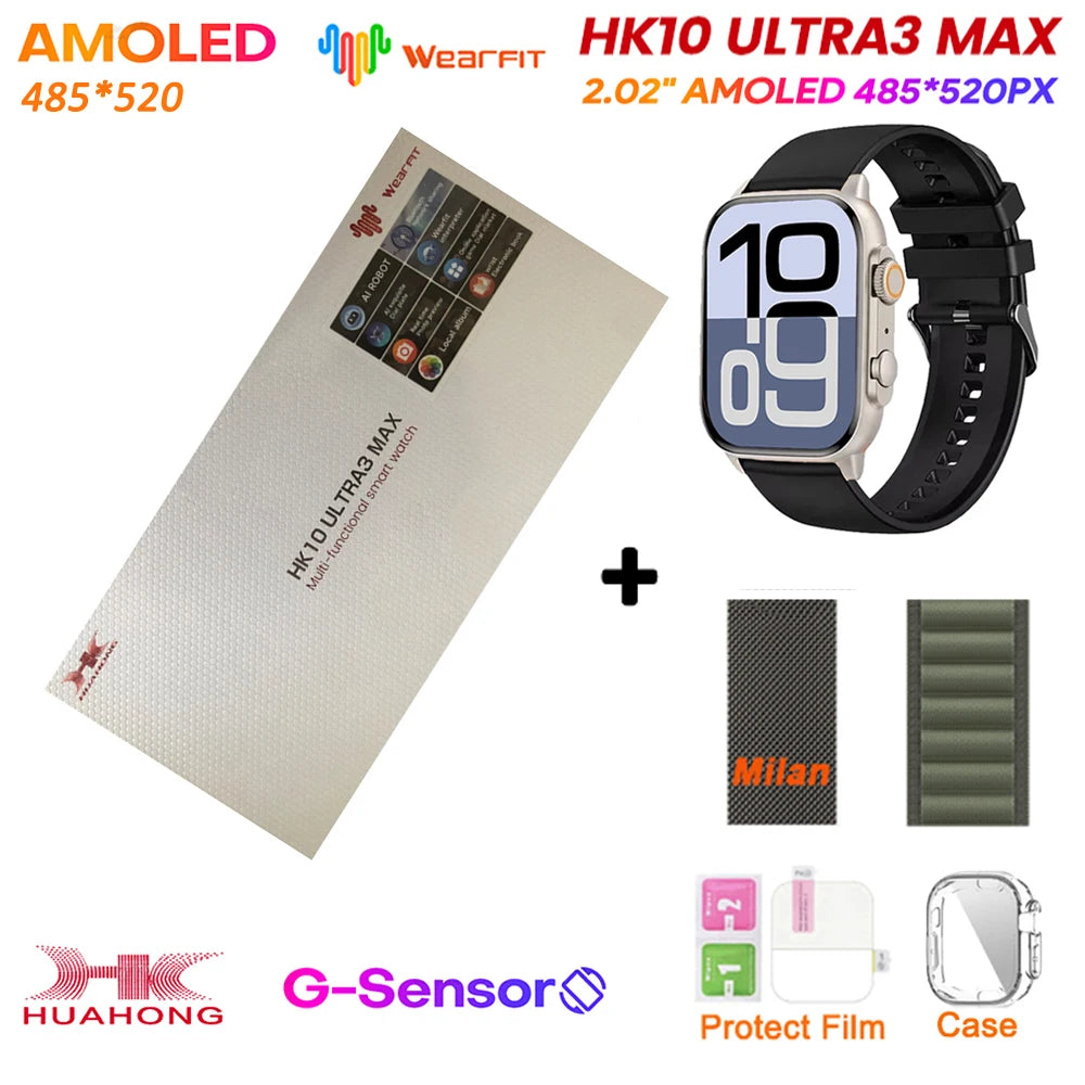 HK10 Ultra 3 MAX Plus 2025 Smart Watch 49mm AMOLED 4GB ROM AI ROBOT Network Sharing NFC GPT Compass GPS Watch for ISO Android