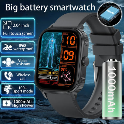 2025 new smart watch 1000MAH 2.04 inch ultra HD screen all day health heart rate detection 70+ sports IP68 waterproof BT call