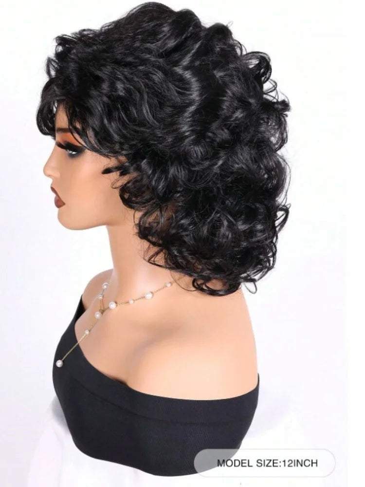 Women's fashionable natural fluffy curly 12 inch synthetic wig with side edges, suitable for daily wear, holidays, and parties