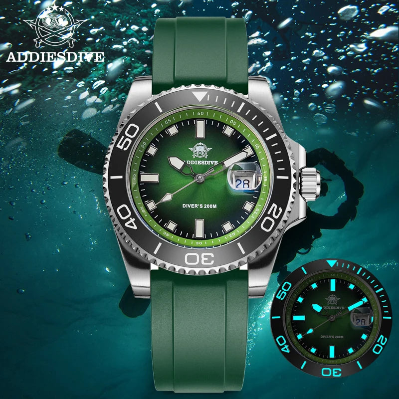 ADDIESDIVE NEW Diver Watch For Men Top Brand Waterproof Luminous Quartz Wristwatch Green/Red/Orange Dial Stainless Steel Watches