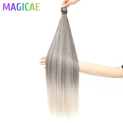 Magicae Braiding Crochet Hair High Heat Resistant 3Pcs 28inches Synthetic Ombre Brown Silver White Straight Bundles Extension