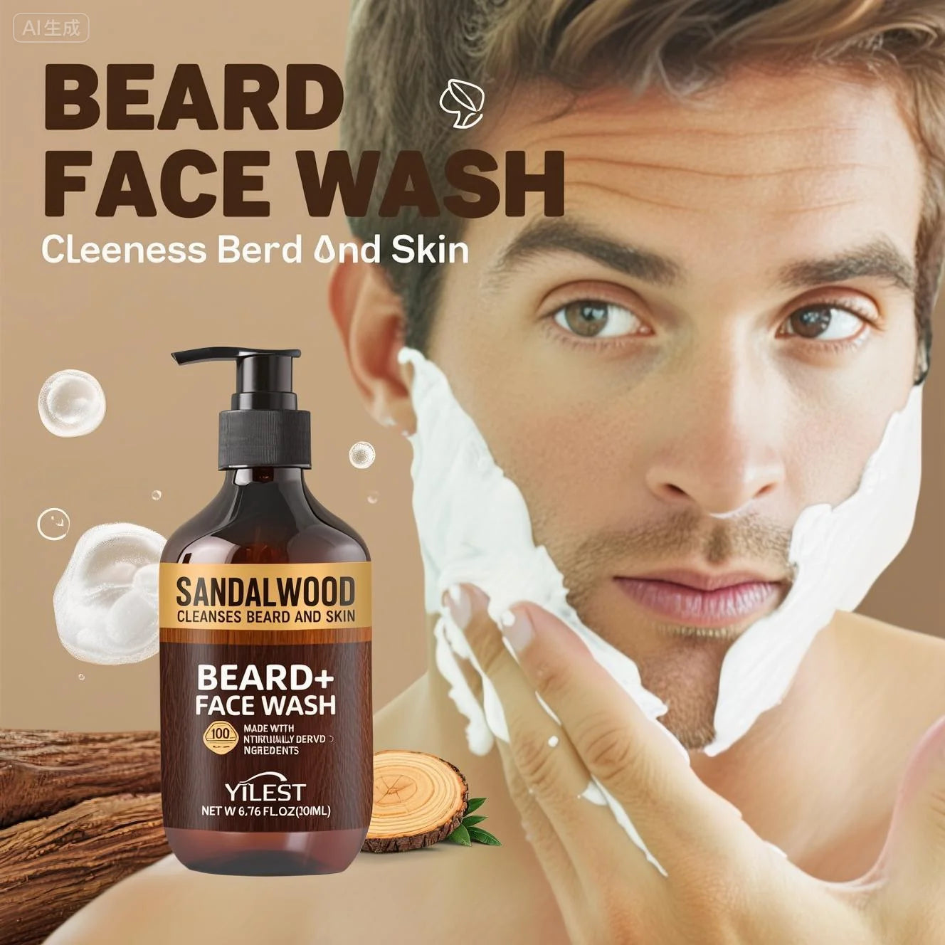 YILEST Sandalwood Beard & Face Wash for Men - 200ml Natural Cleanser with Aloe & Orange Oil, Deep Cleansing for Beard and Skin