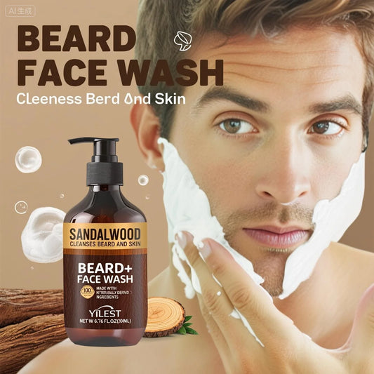 YILEST Sandalwood Beard & Face Wash for Men - 200ml Natural Cleanser with Aloe & Orange Oil, Deep Cleansing for Beard and Skin