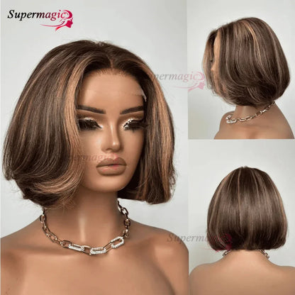 13x4 Frontal Wig New Trendy Layered Cut Straight Human Hair Wigs Short Wig Highlight Piano Color 4X4 Lace Closure Wig for Women