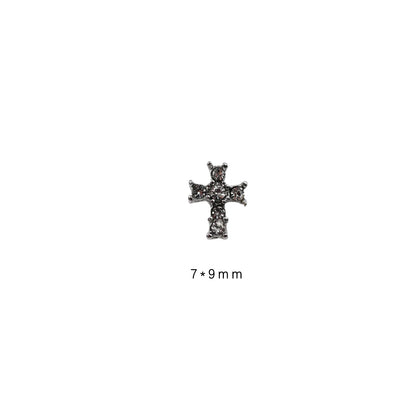 10Pcs Dark Series Cross Nail Charm Luxury Retro Silver Bottom Rhinestone Nail Art Decoration 3D Punk Cross Manicure DIY Supplies