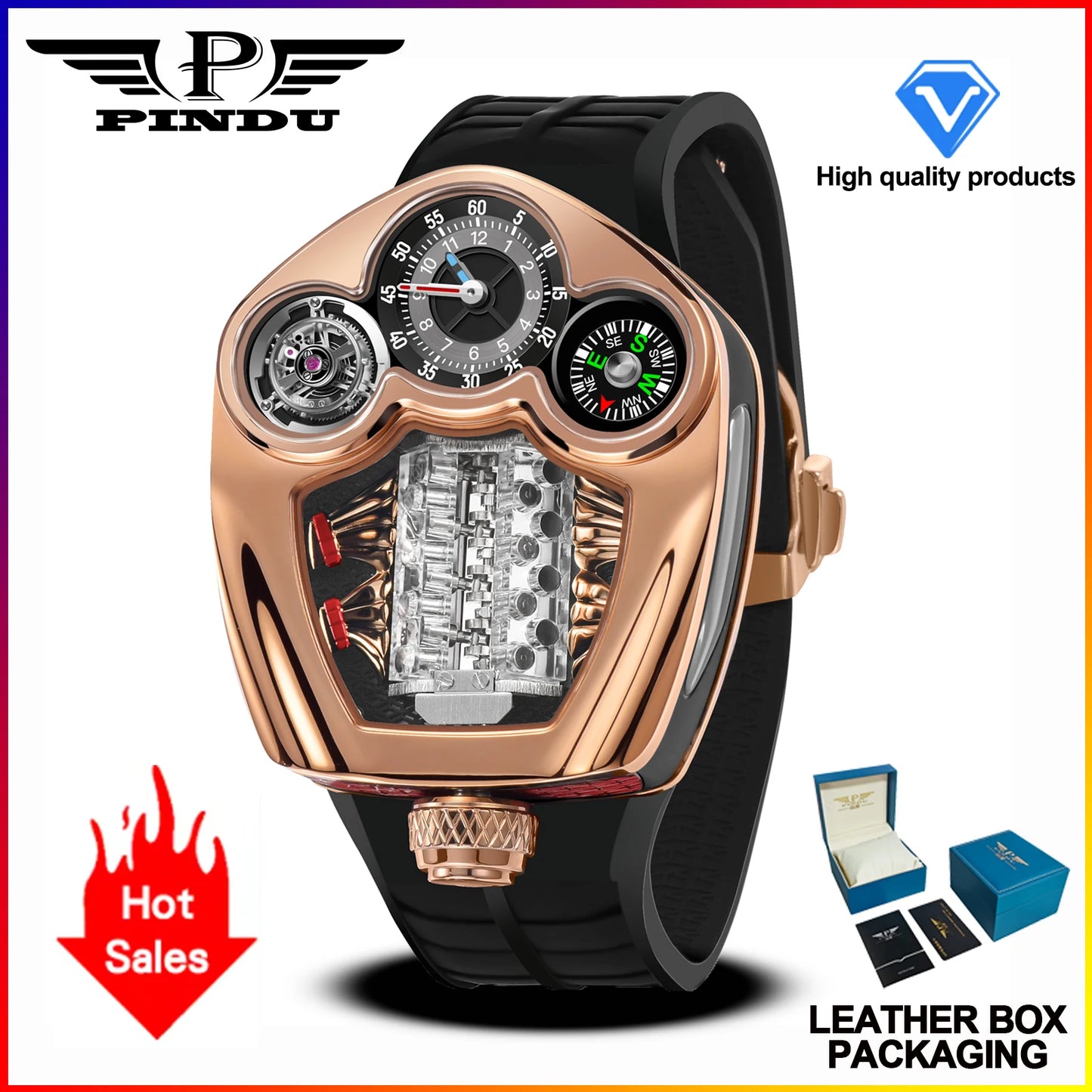 NEW PINDU Design Engine Series Quartz Watch Men TOP-luxurious Stainless steel Compass Waterproof Swiss quartz 762 movement watch