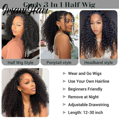 210% Half Wigs Human Hair Kinky Curly Headband Wig Upgrade 3 IN 1 Half Wig With Drawstring Seamless Clip Ins Flip Over Wig