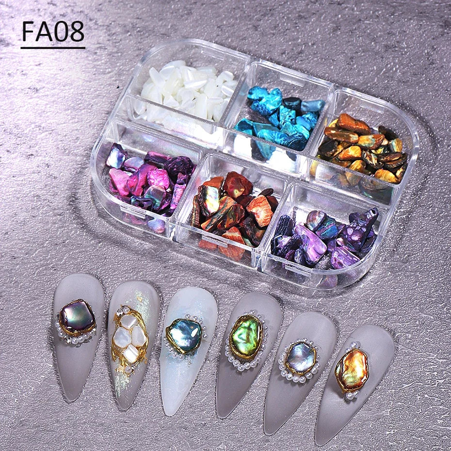 6 Grids Abalone Shell Flakes Nail Art Decoration 3D Charms Irregular Seashell Fragment Aurora Slices DIY Manicure  Accessories