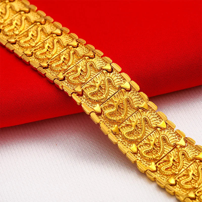 Men's 24K Gold (AU999) Double-Sided Dragon Bracelet | Double-sided carving, hammered brocade with titanium