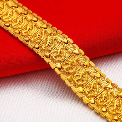 Men's 24K Gold (AU999) Double-Sided Dragon Bracelet | Double-sided carving, hammered brocade with titanium