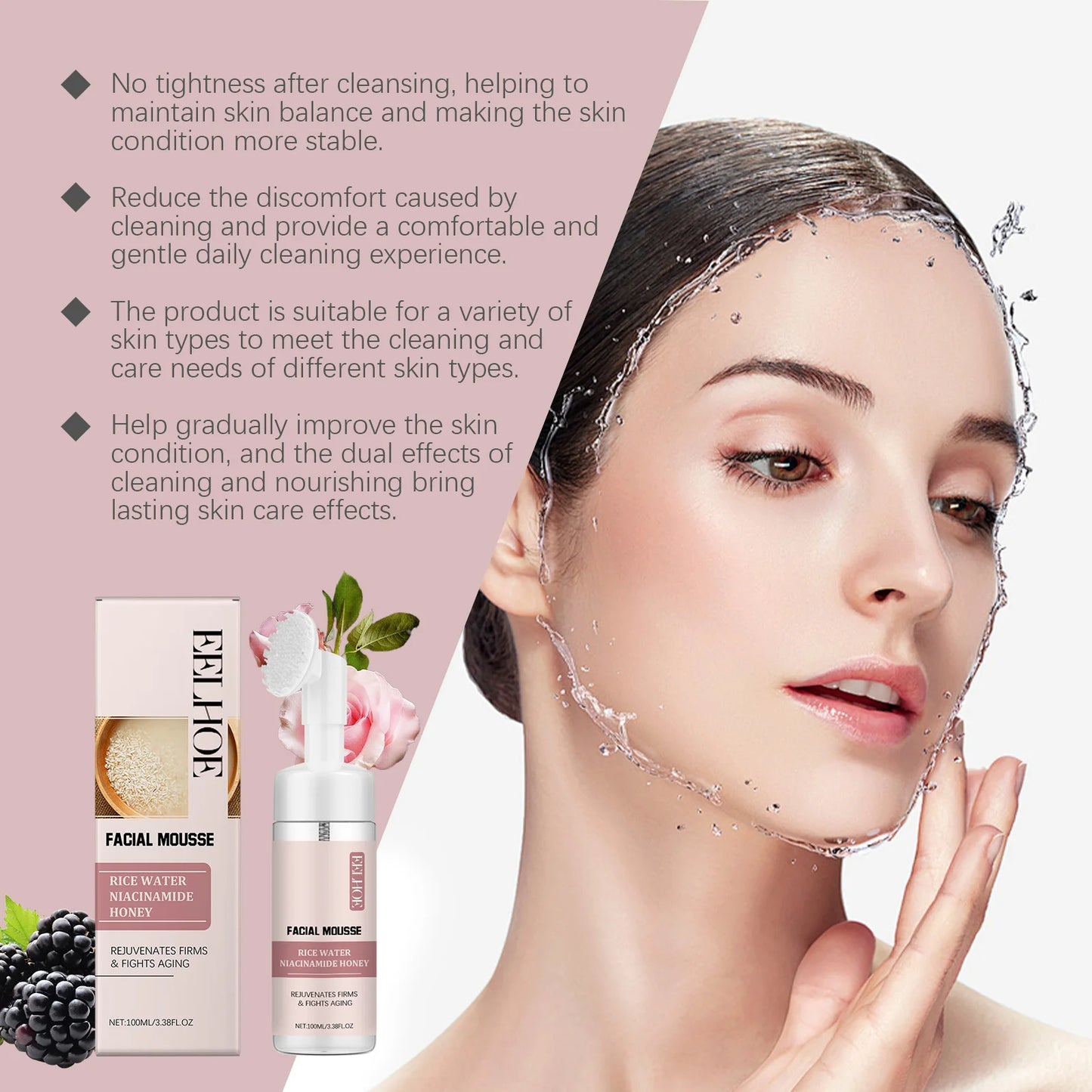 Rice Water Cleansing Mousse Oil Control Deep Cleaning Pores Moisturizing Brightening Soothing Rejuvenation Foam Face Wash Care