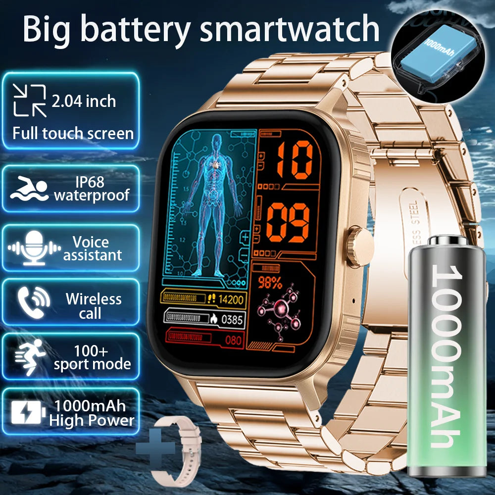 2025 new smart watch 1000MAH 2.04 inch ultra HD screen all day health heart rate detection 70+ sports IP68 waterproof BT call