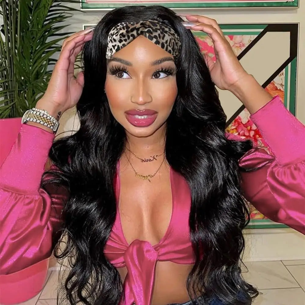 Synthetic Body Wave Headband Wig for Black Women Long Heat Resistant Curly Wavy Head Band Wigs for Daily Use (1B)