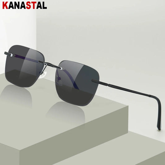 Men Pure Titanium Rimless Sunglasses Women Polarized Sun Glasses Frameless Eyeglasses Night Driving Goggles Anti UV400 Eyewear