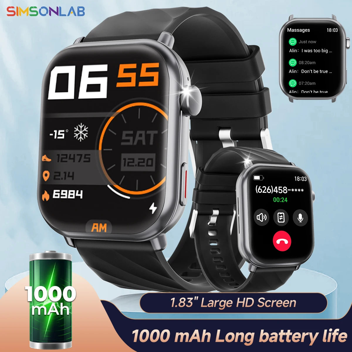 Smart Watch 2025 1.83-inch Screen 1000mAh Large Battery Capacity Bluetooth Calling 100+ Sport Modes Men Women Smartwatch Gifts