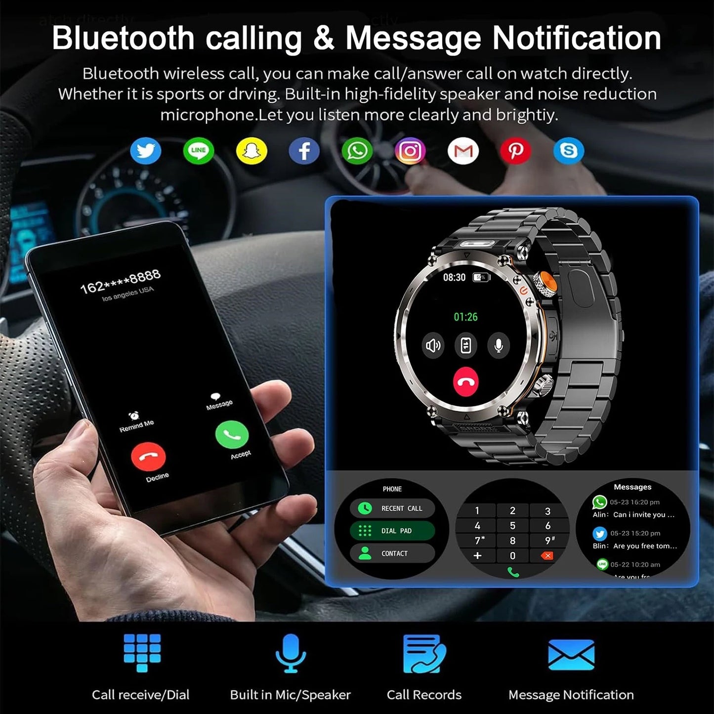 5ATM Waterproof Smart Watch Men 600mAh Outdoor SmartWatch GPS Compass Heart rate LED Flashlight Bluetooth Call Sports Smartwatch